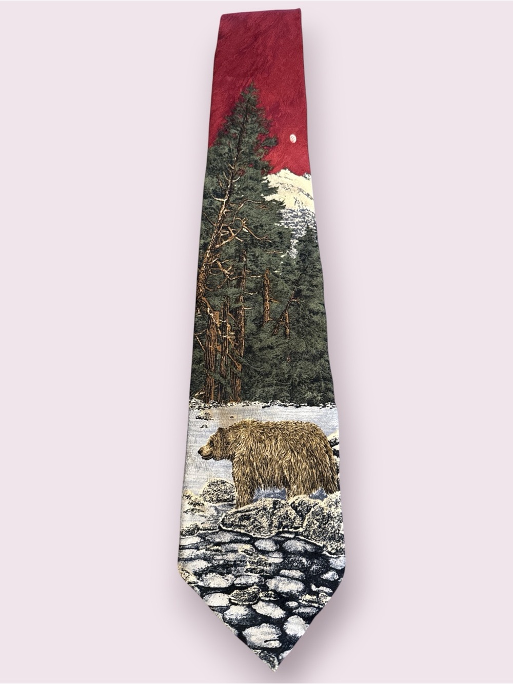 VTG Endangered Species silk necktie features a detailed grizzly bear in a forest